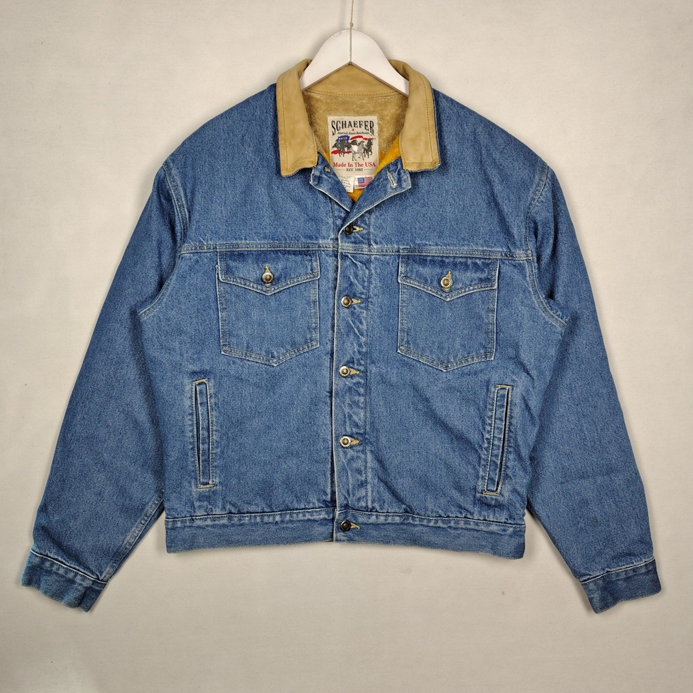 Schaefer Outfitter Mens Denim Ranch Jacket Leather Collar Striped Fleece L USA